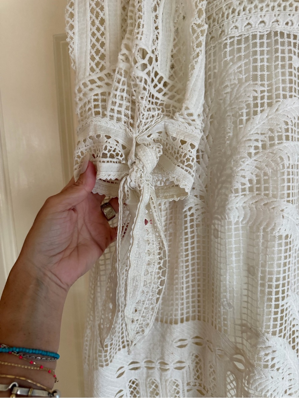 Farm Rio Cream Lace Morada Guipure Crochet Maxi Dress with Tie Waist - Picture 4 of 13